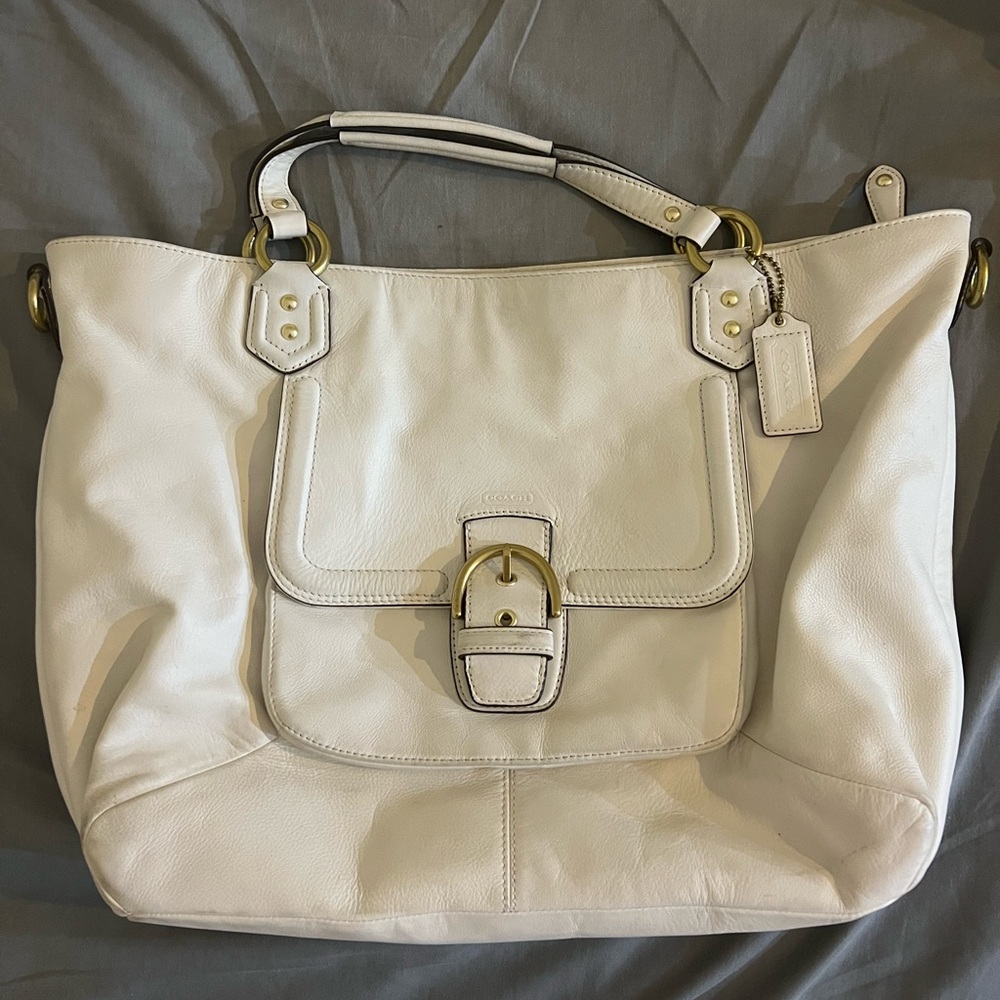 Large white leather coach bag purse